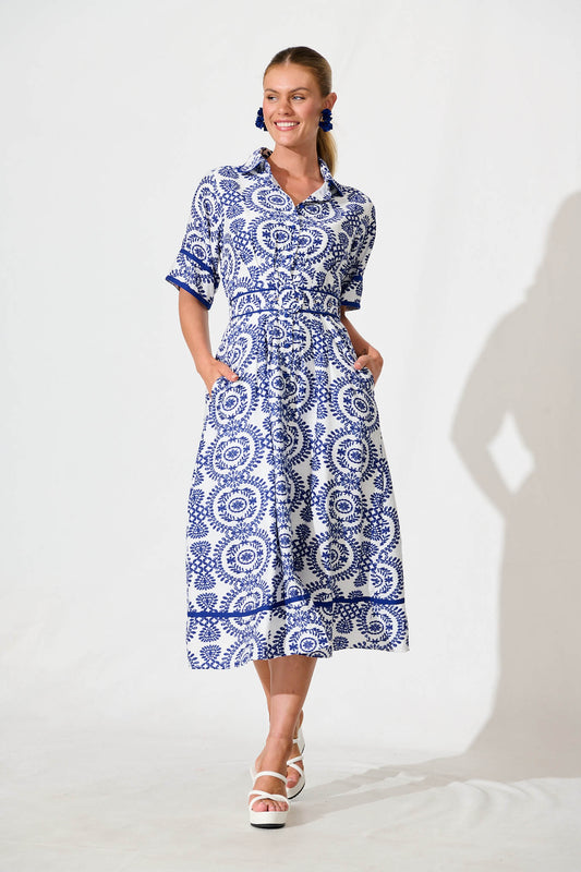 Rosella Midi Shirt Dress In White with Navy Floral Print