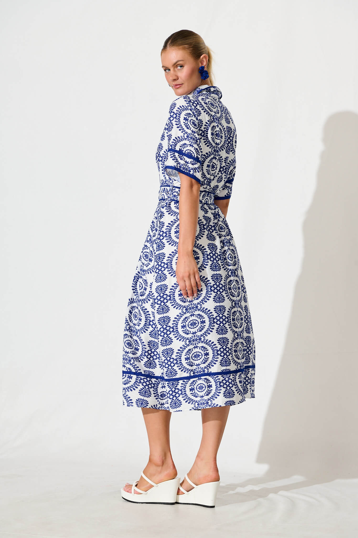 Rosella Midi Shirt Dress In White with Navy Floral Print