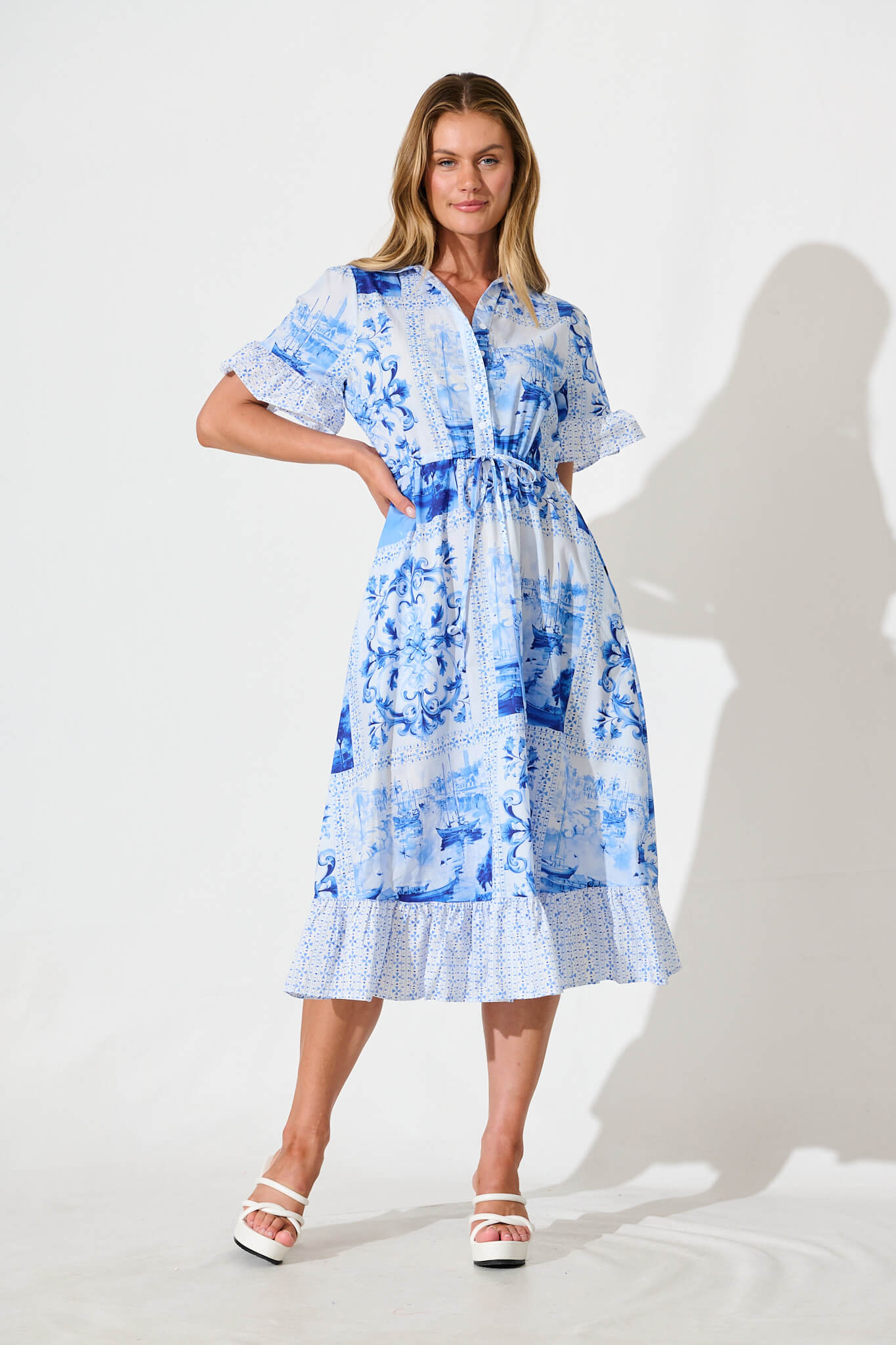 Aiken Midi Dress in Blue and White Patchwork Cotton