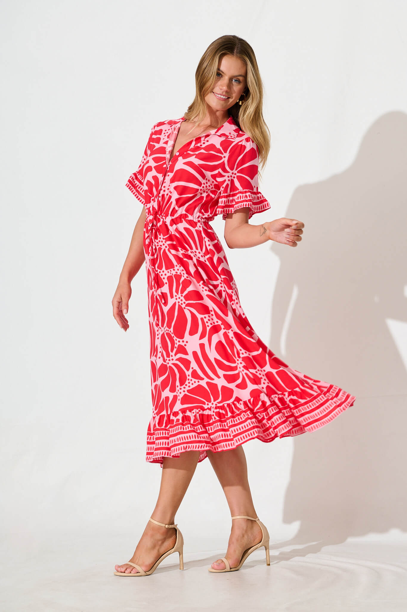 Aiken Midi Dress in Pink and Red Floral