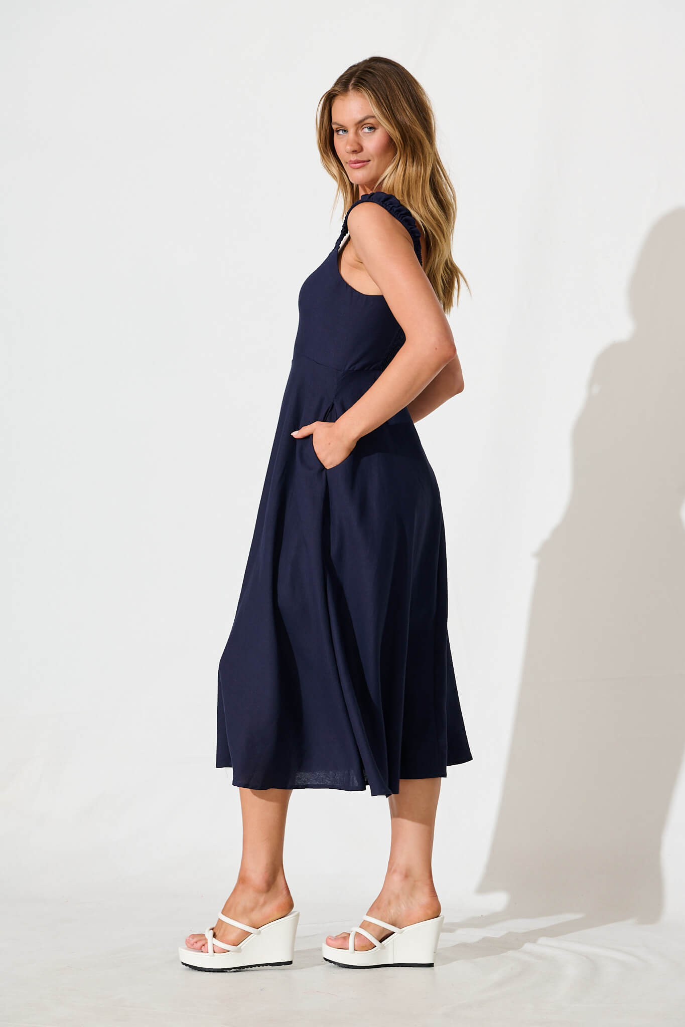 Nikolena Midi Dress in Navy Cotton Linen