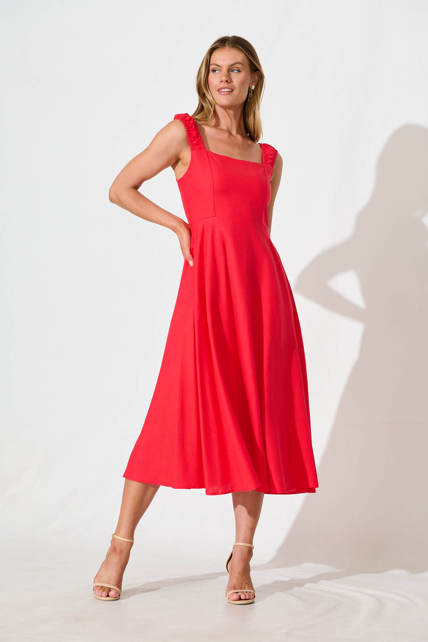 Nikolena Midi Dress in Red Cotton Linen