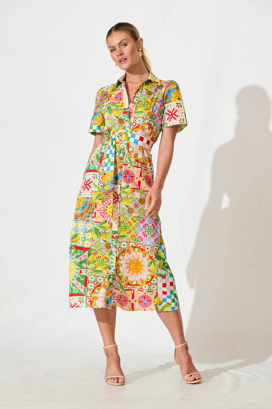 Figaro Midi Shirt Dress in Multi Patchwork Cotton