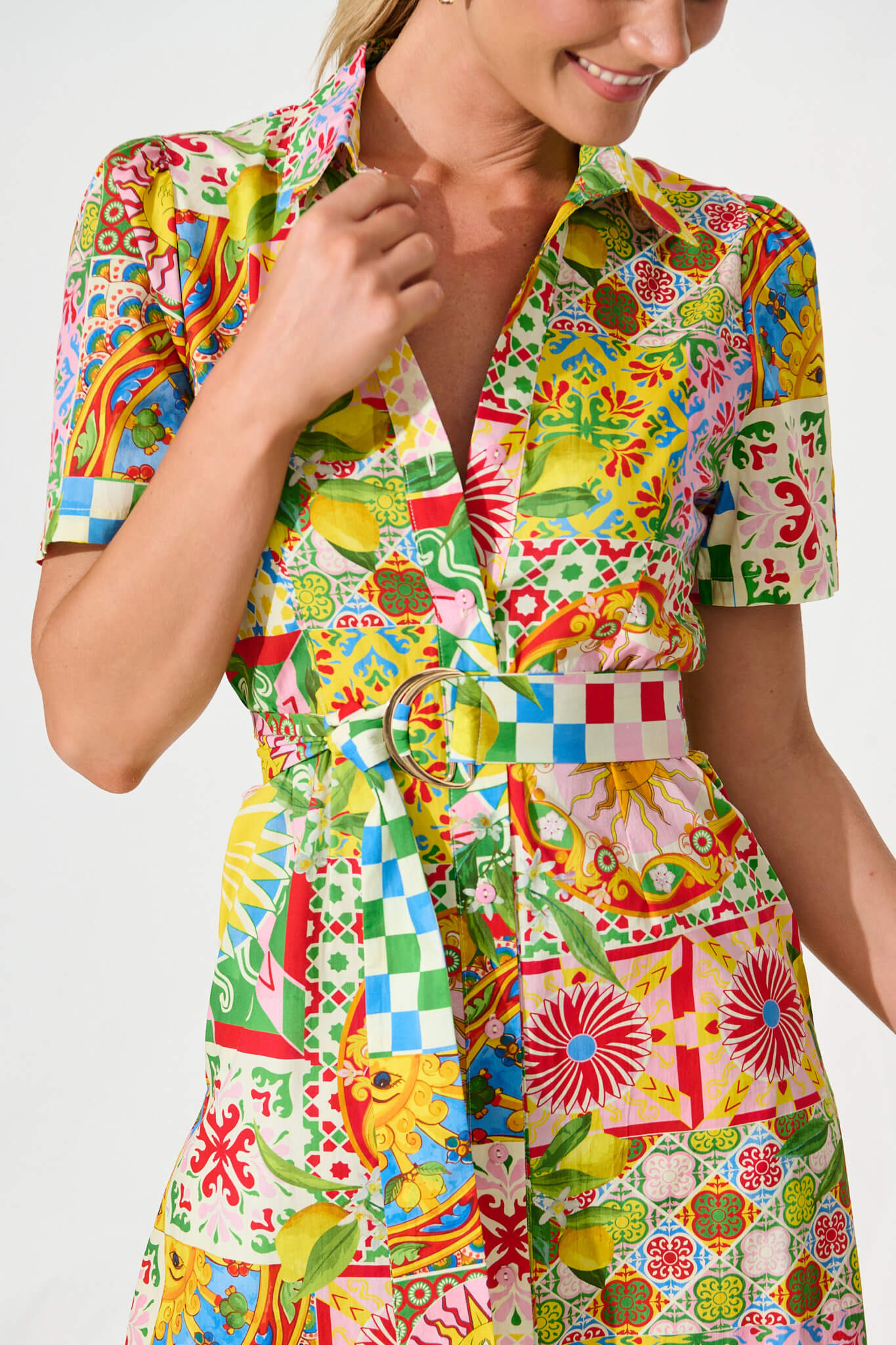 Figaro Midi Shirt Dress in Multi Patchwork Cotton