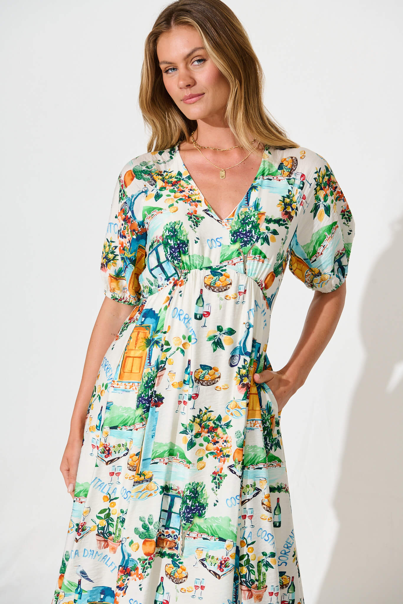 Shelly Midi Dress in White with Multi Summer Print