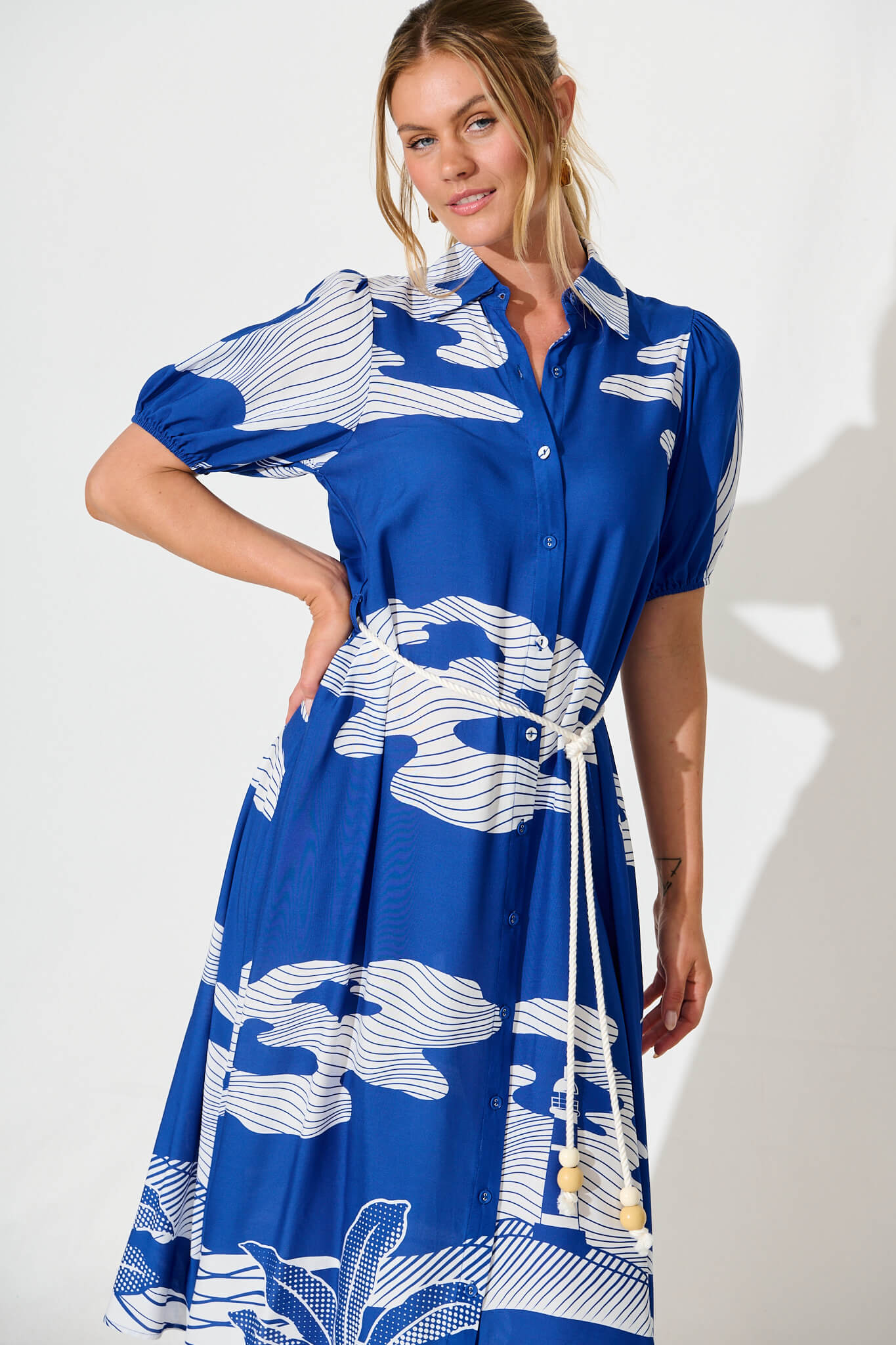 Dearest Midi Shirt Dress in Blue with White Print