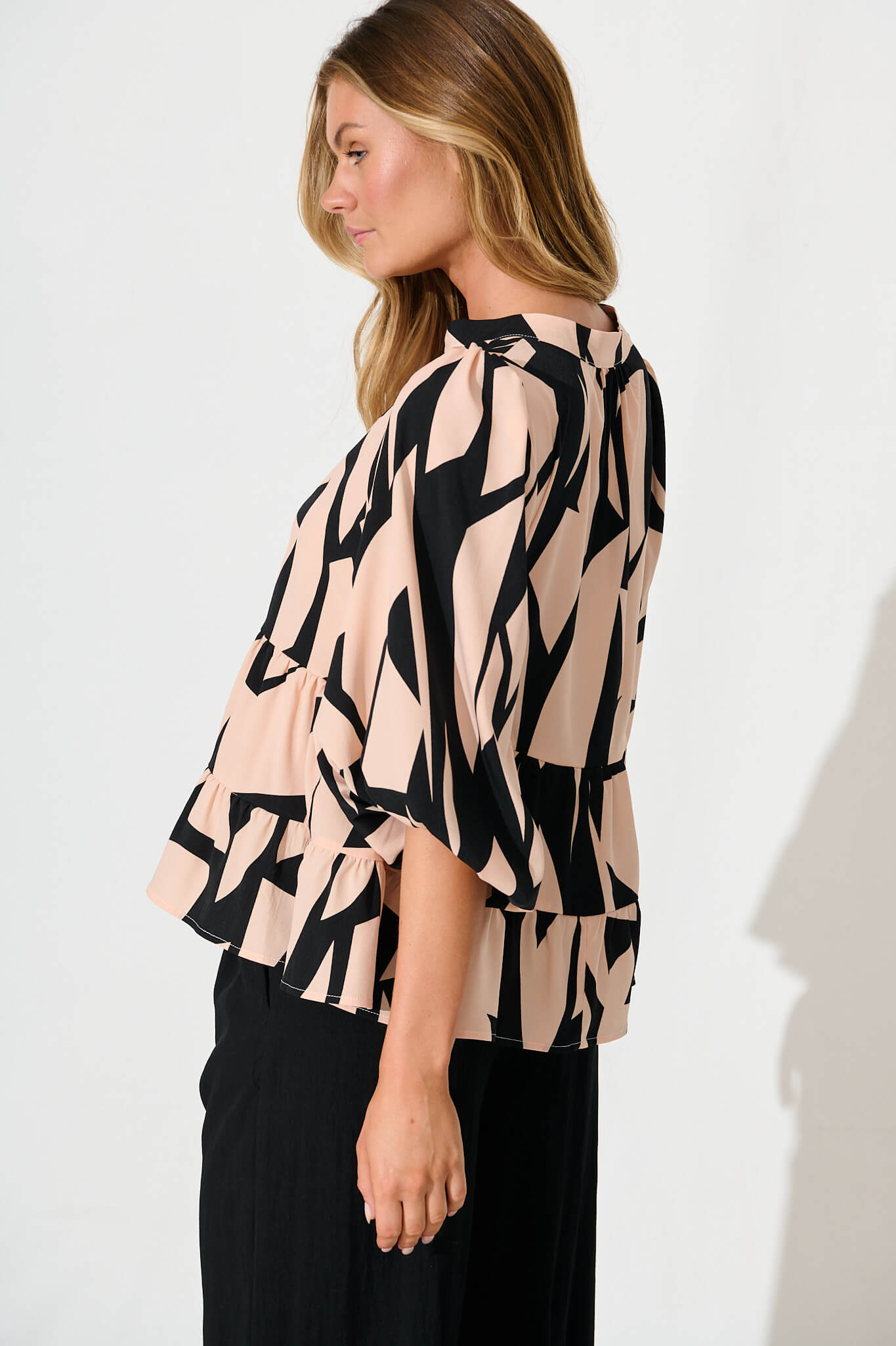 Talena Top in Black and Beige Geometric Print