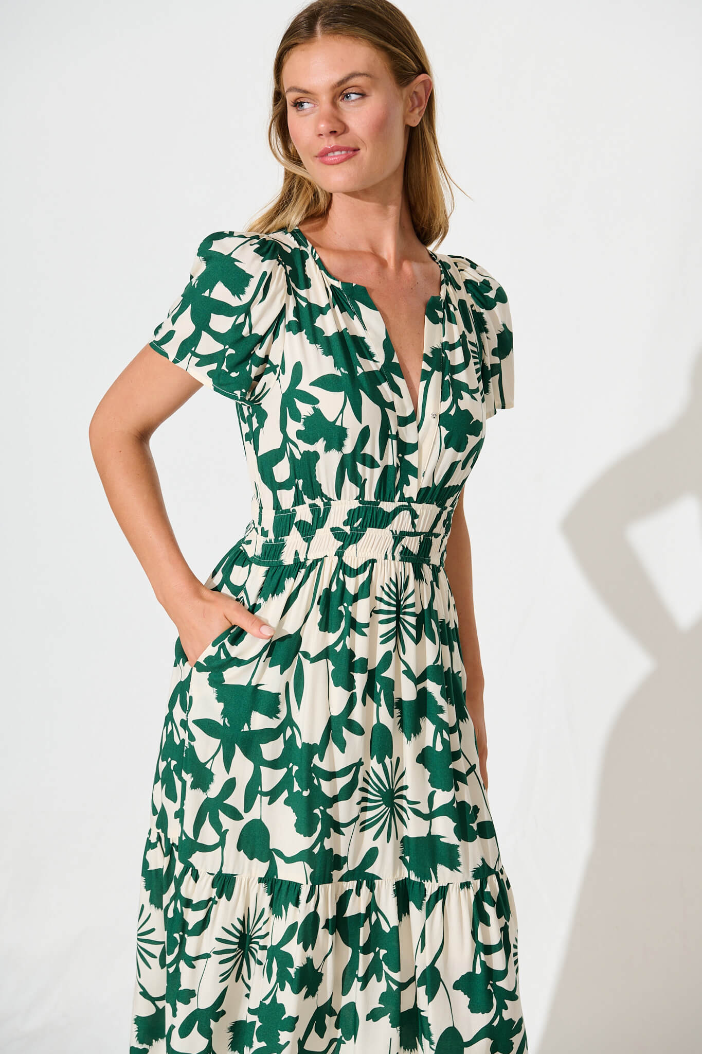 Pinarello Midi Dress in Cream with Emerald Print