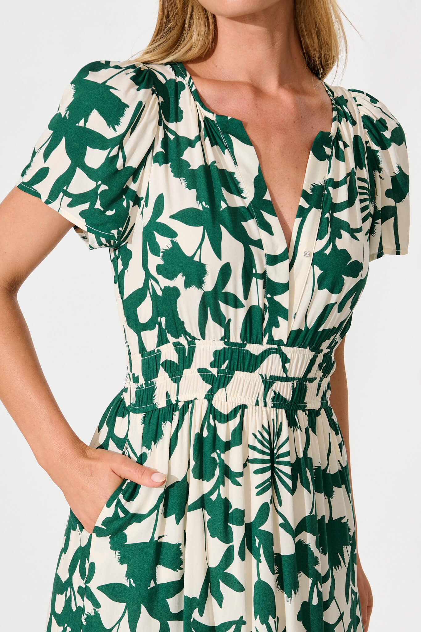 Pinarello Midi Dress in Cream with Emerald Print