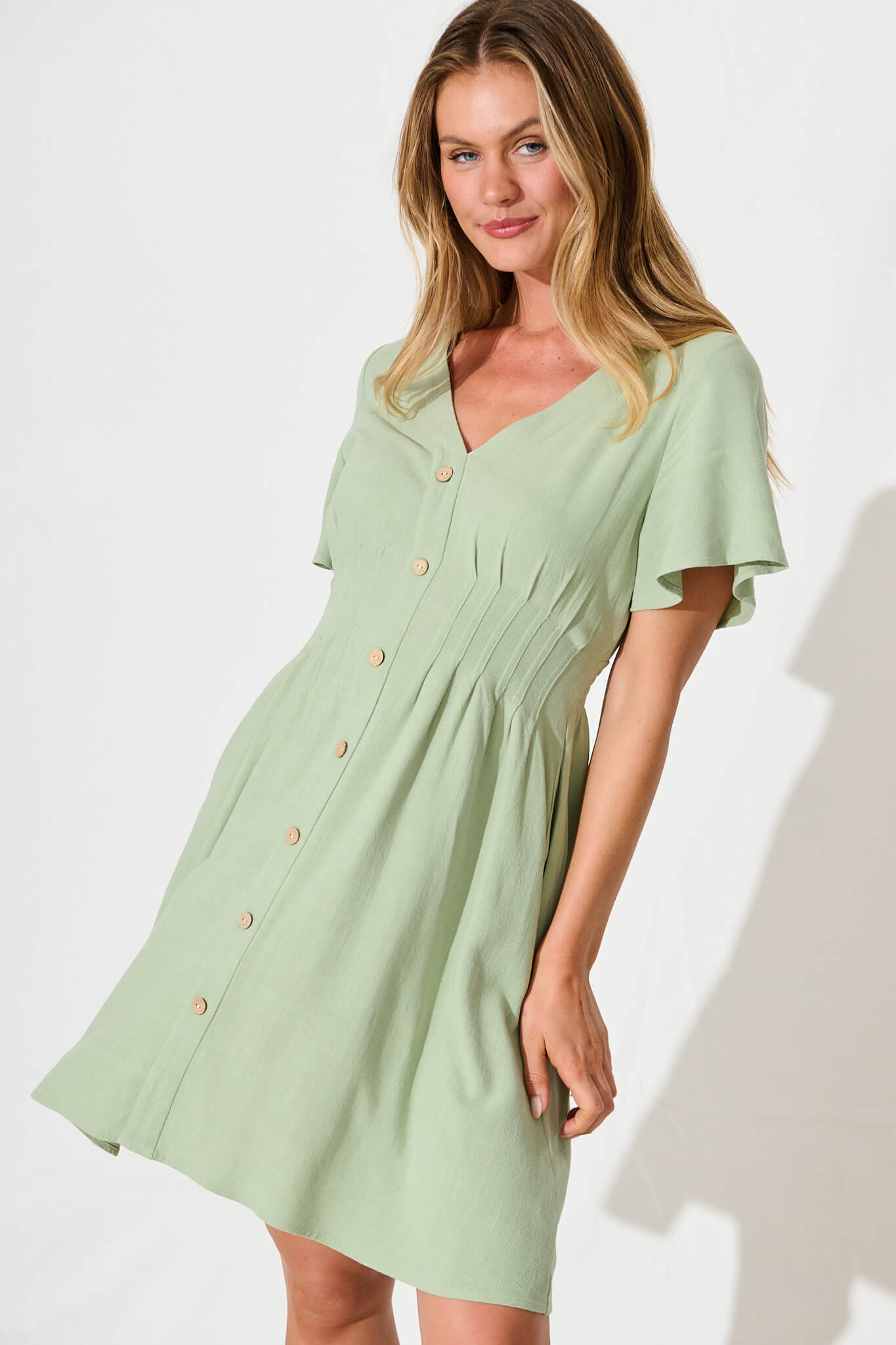 Amaya Dress in Pale Green Linen Blend