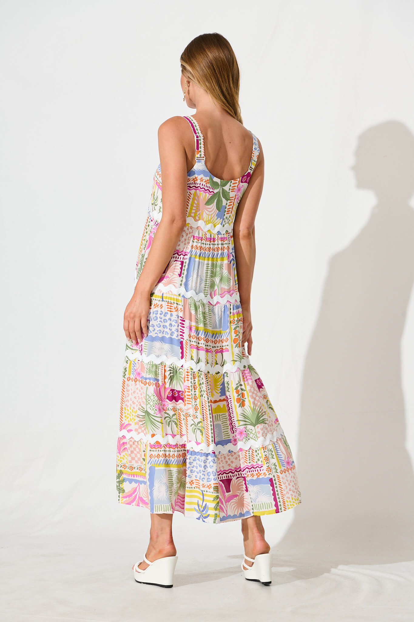 Jolie Maxi Sundress In Multi Palm Print With Ric Rac Trim