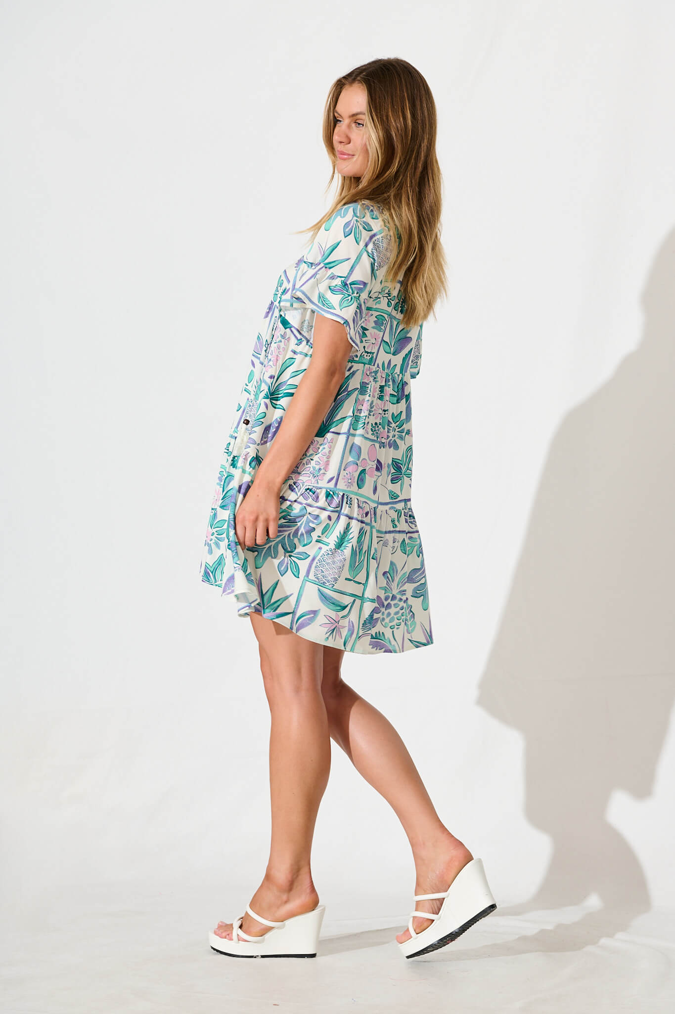 Northcote Smock Dress in White with Green and Blue Leaf