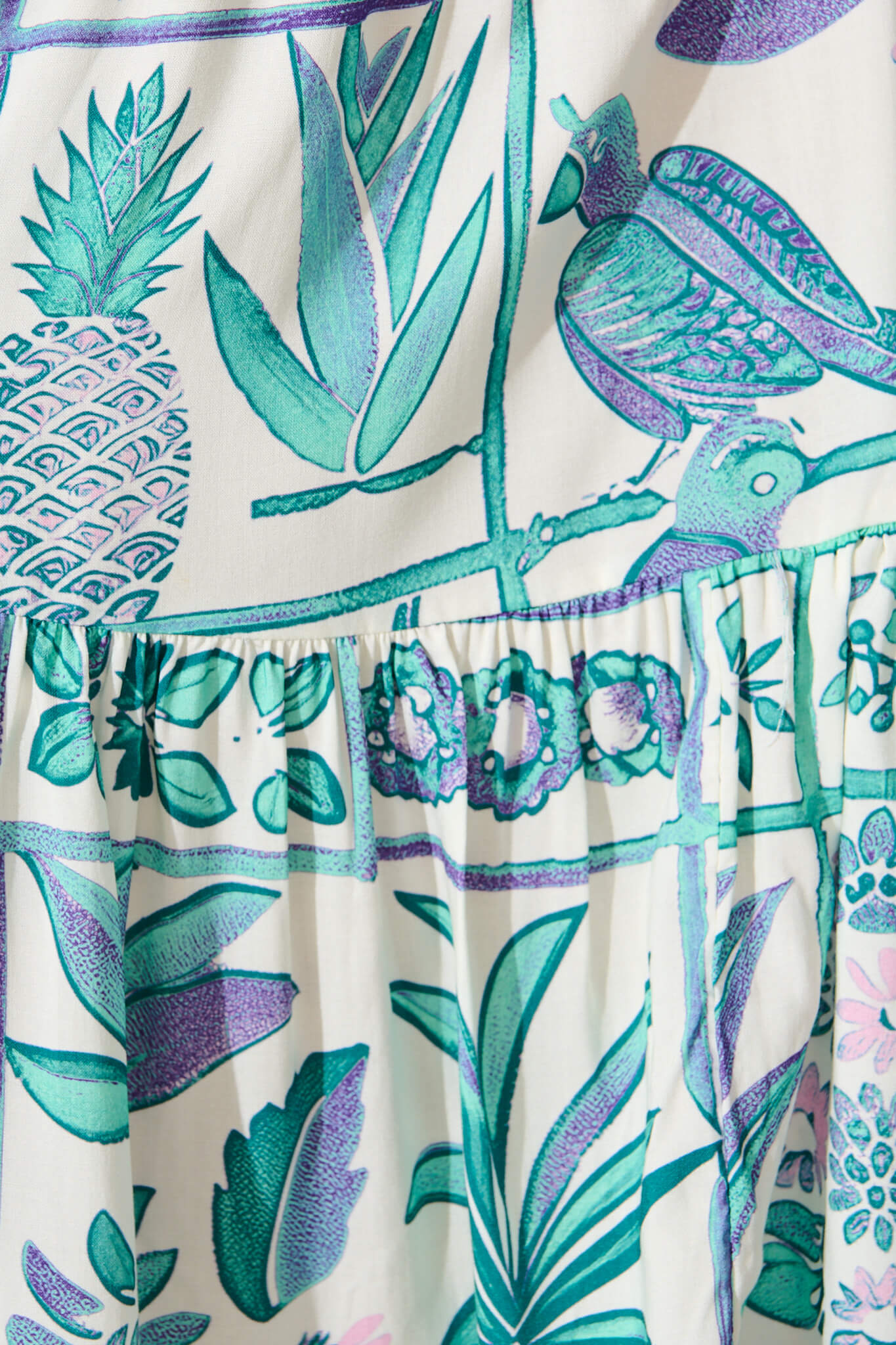 Northcote Smock Dress in White with Green and Blue Leaf