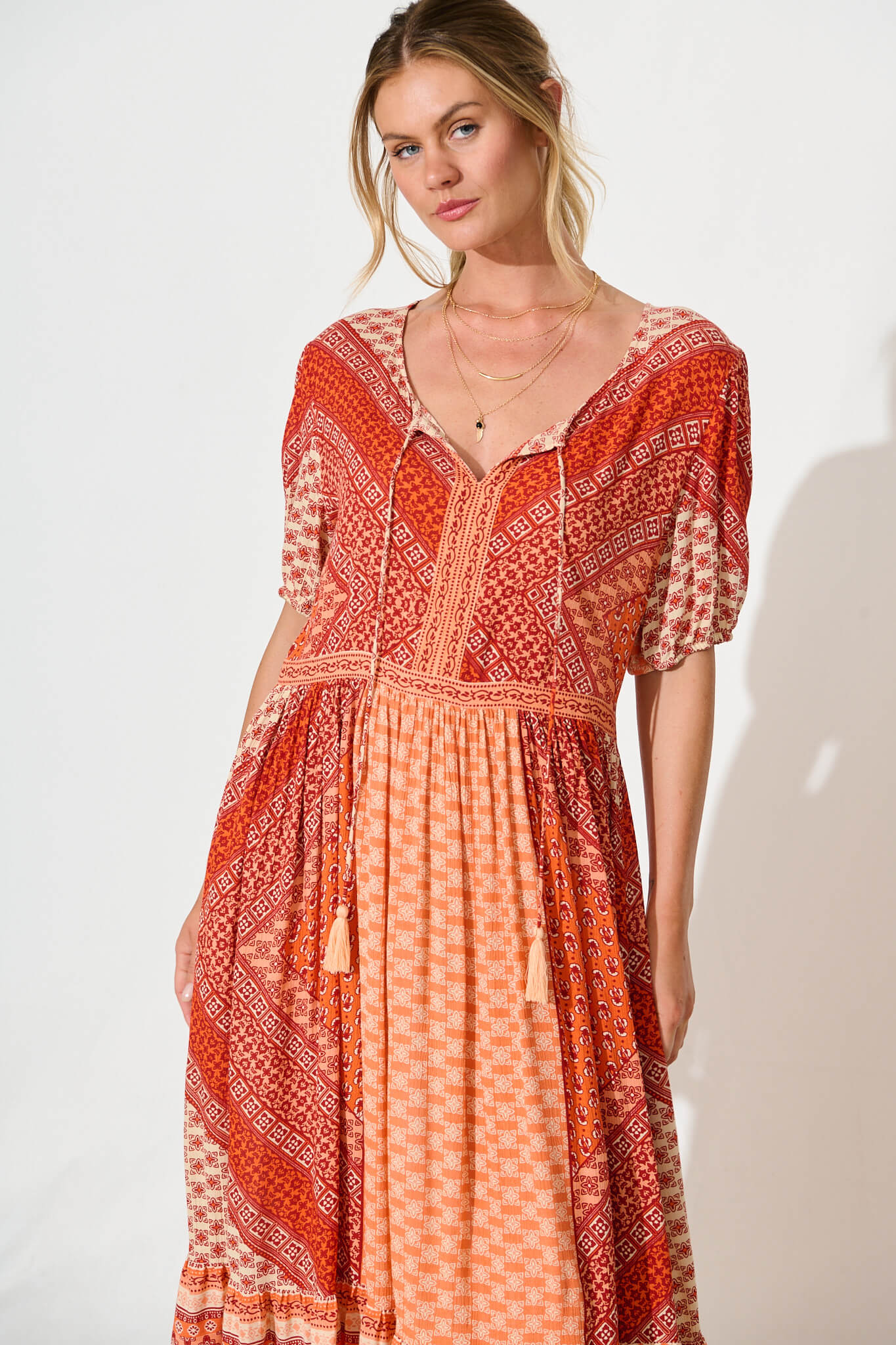 Minara Maxi Dress in Multi Orange Patchwork