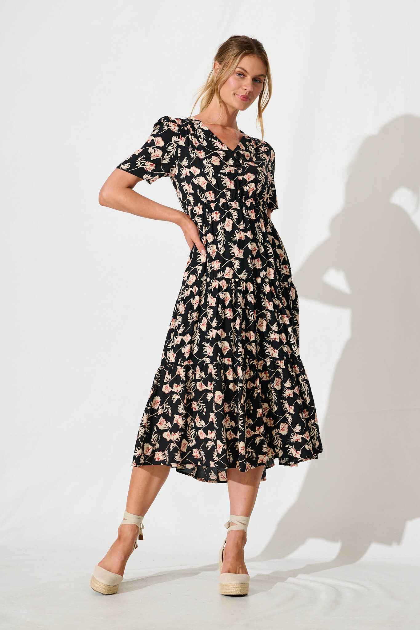 Roshina Midi Dress in Black with Multi Floral