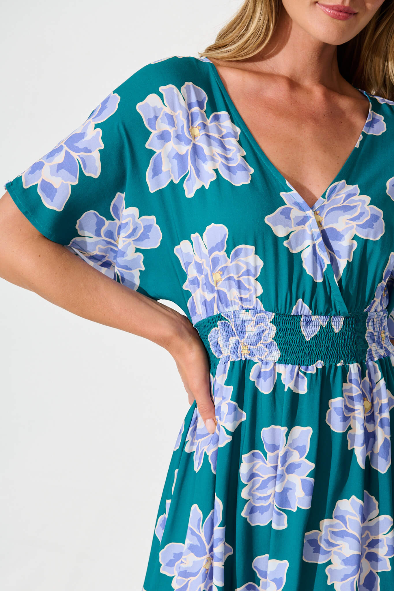 Sharlin Dress In Emerald With Blue Floral