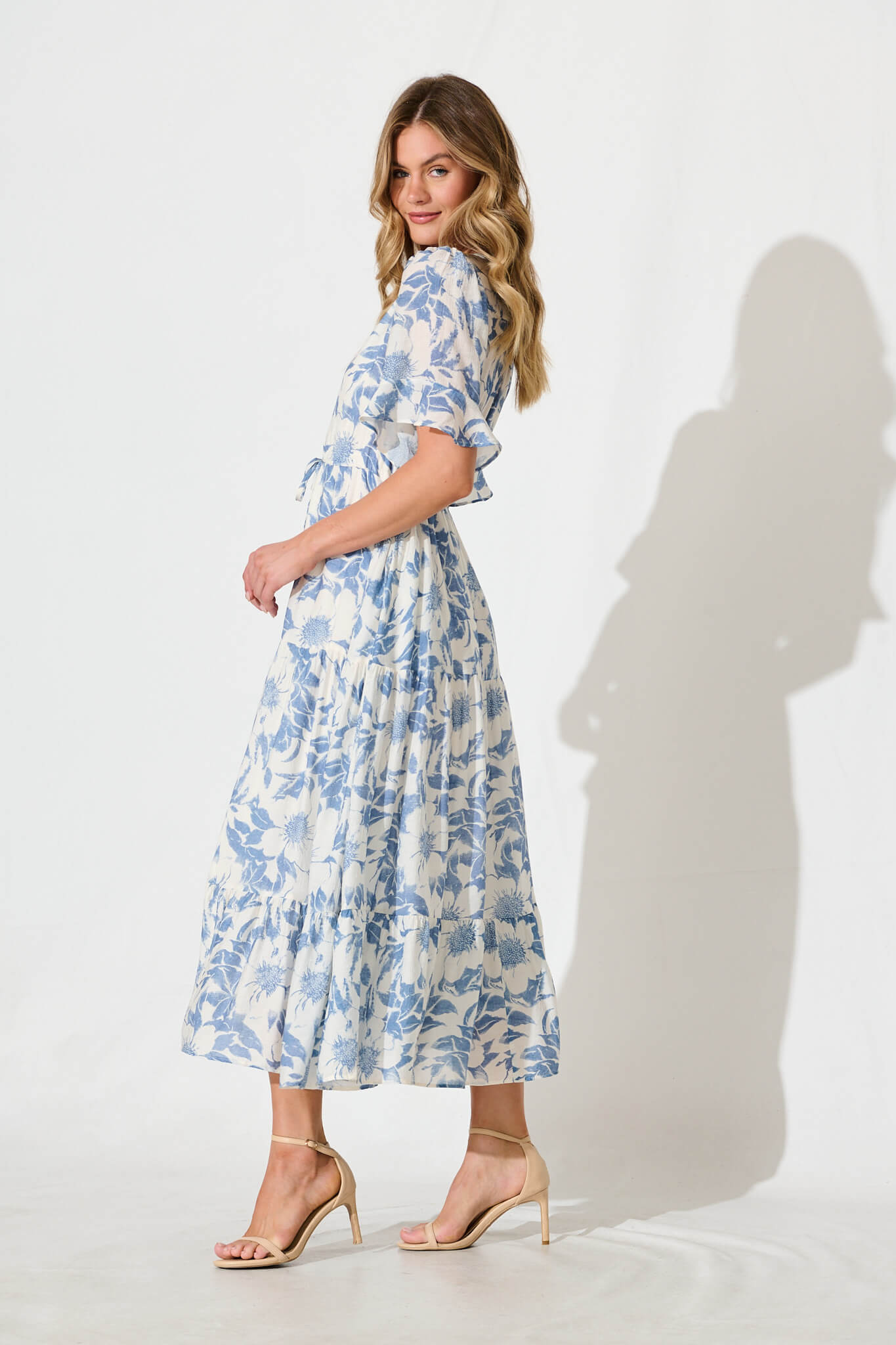 Chavira Maxi Dress in White with Blue Flower
