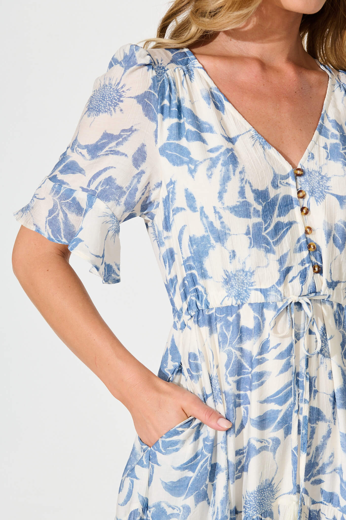 Chavira Maxi Dress in White with Blue Flower