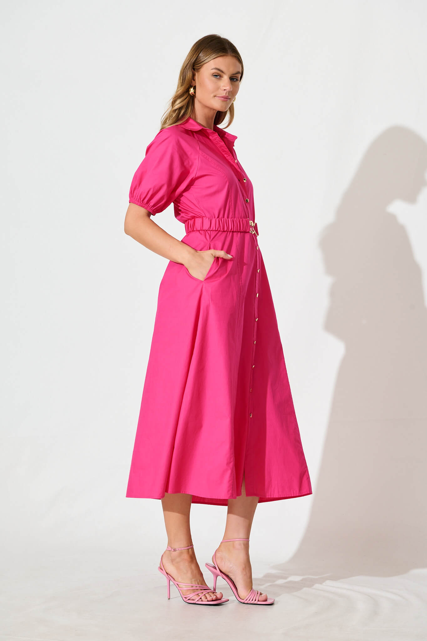 Lydon Midi Dress in Hot Pink Cotton