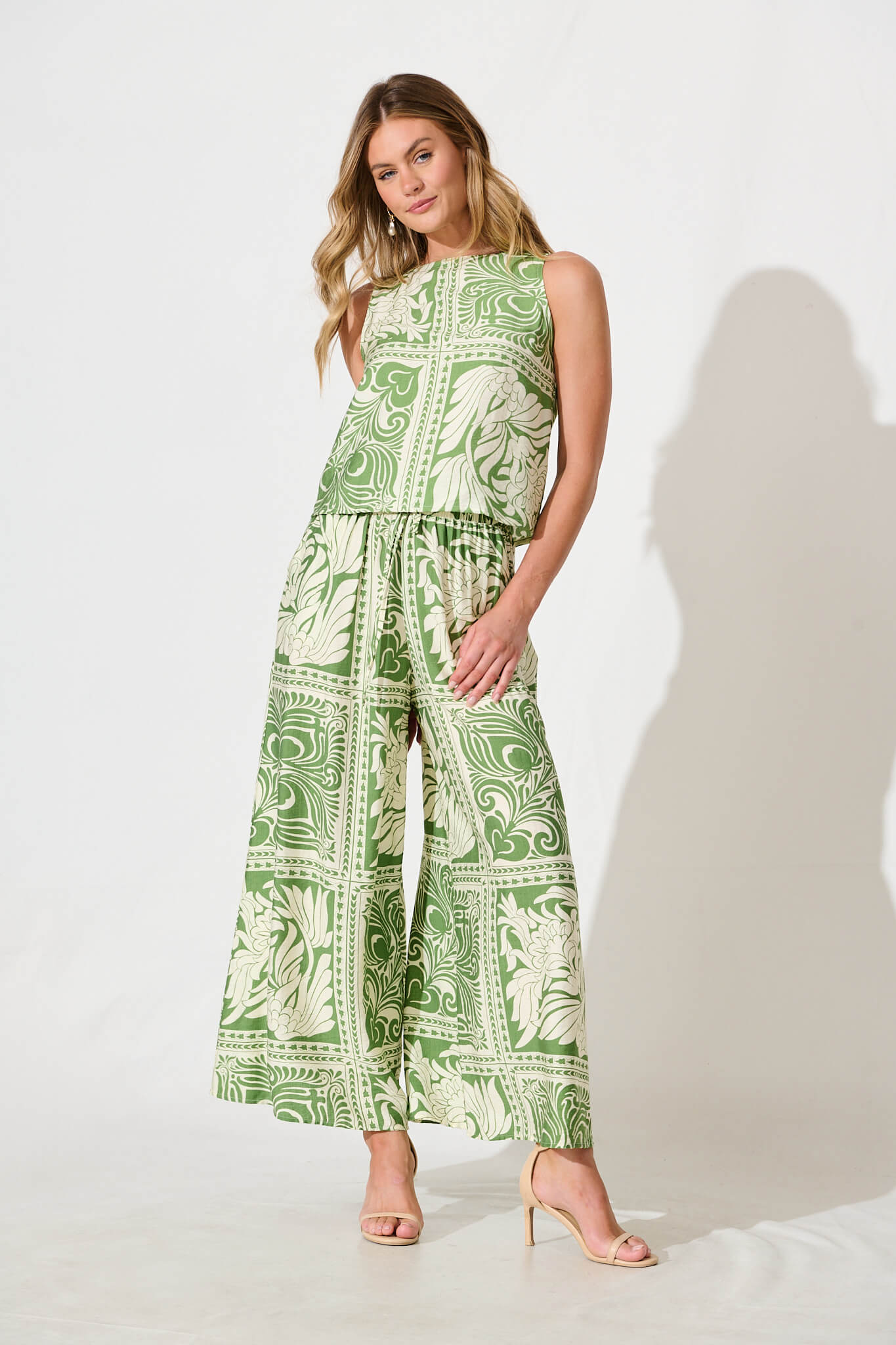 Goldie Wide Leg Pant in Green and White Tile Print