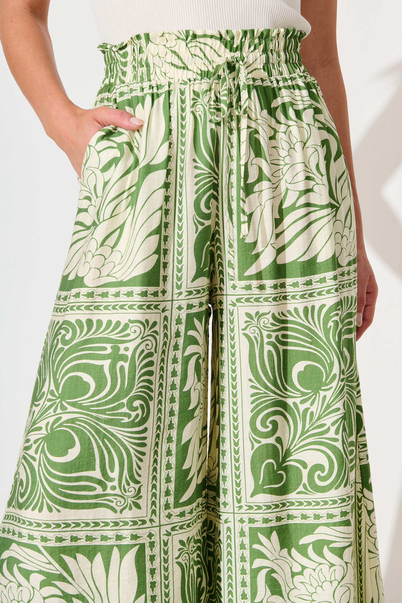 Goldie Wide Leg Pant in Green and White Tile Print