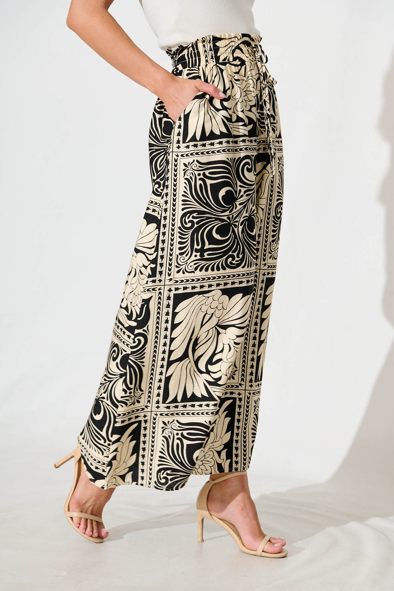Goldie Wide Leg Pant in Black with Cream Tile Print