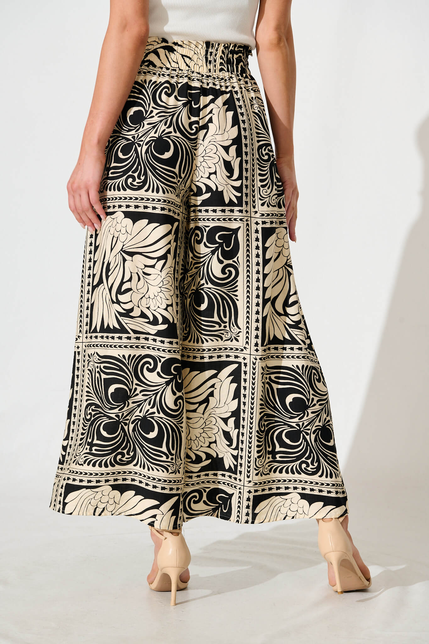 Goldie Wide Leg Pant in Black with Cream Tile Print
