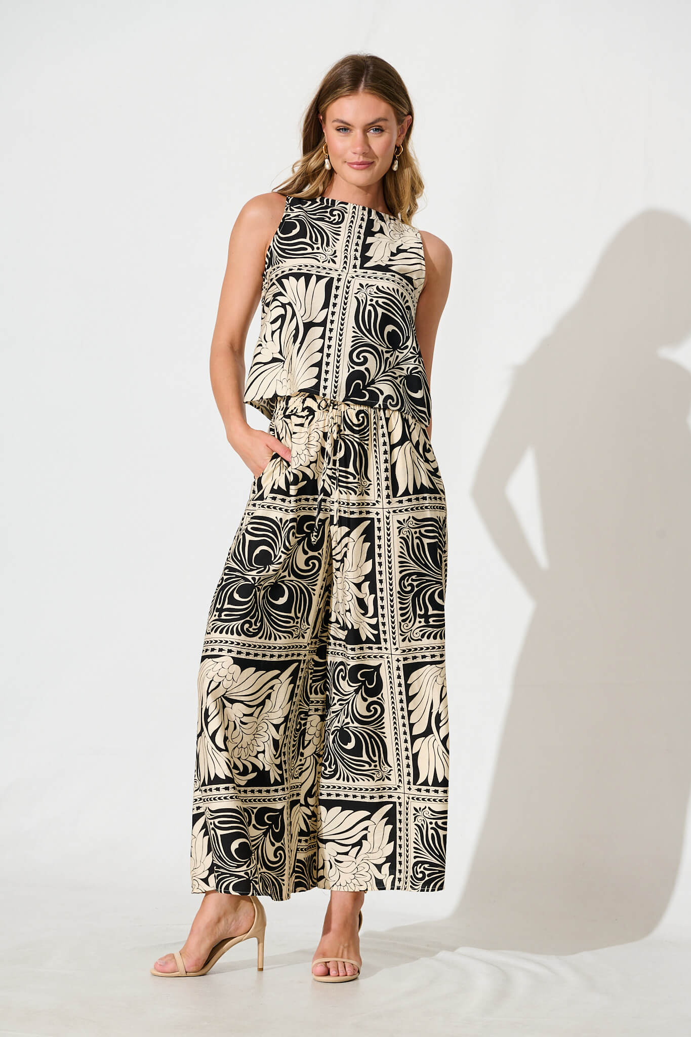 Goldie Wide Leg Pant in Black with Cream Tile Print