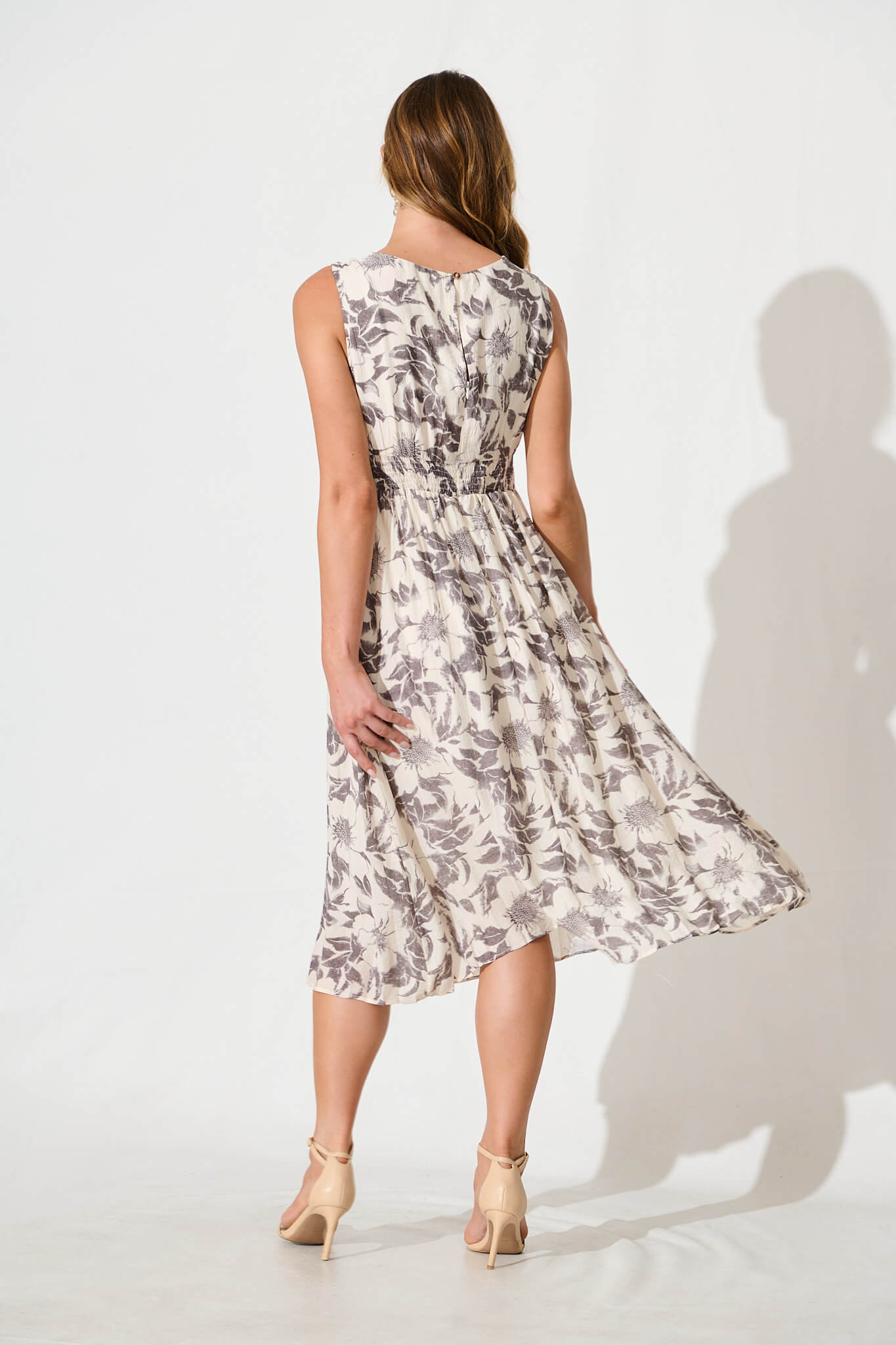 Xanthia Midi Dress in White with Black Flower