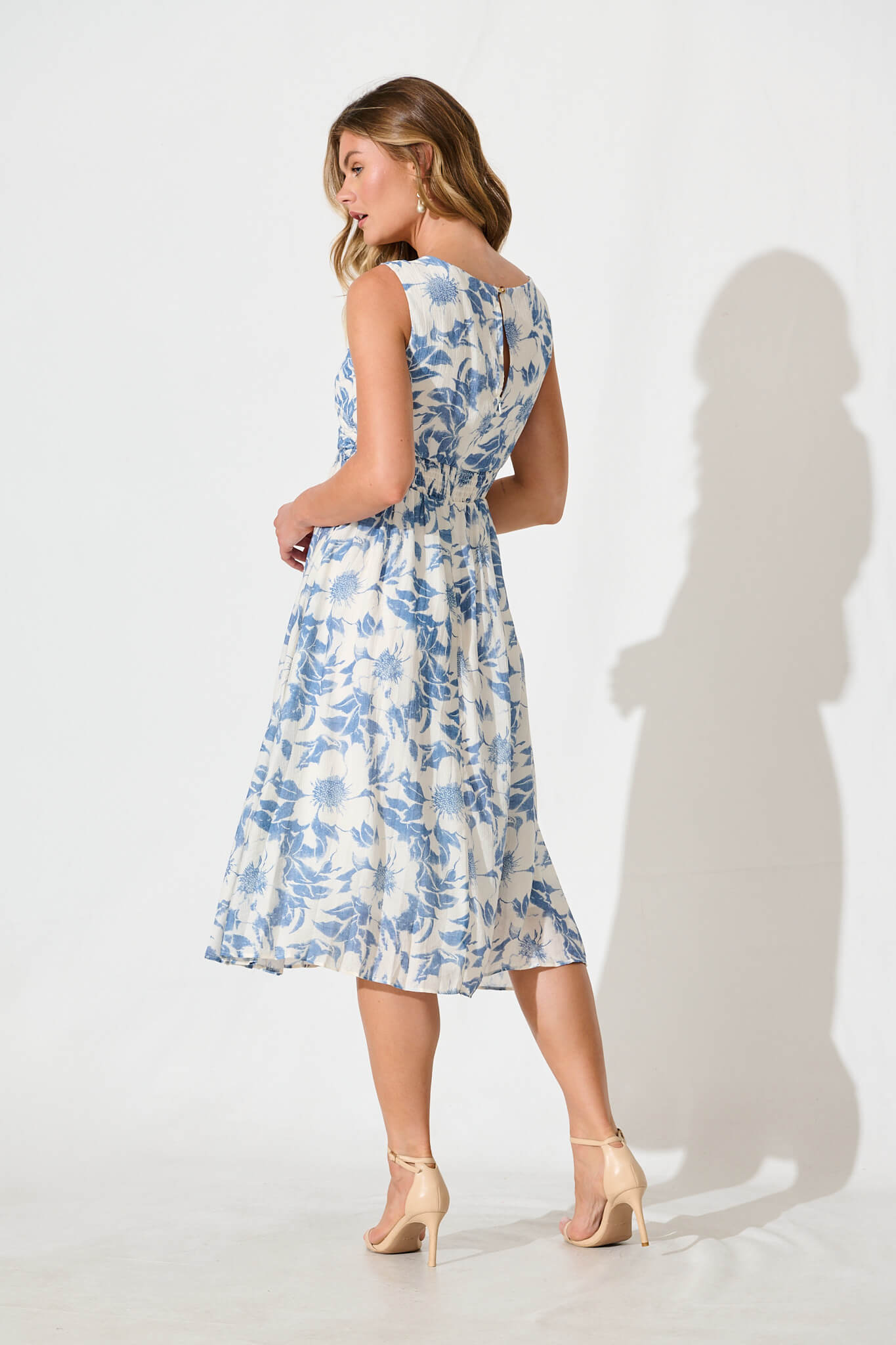 Xanthia Midi Dress in White with Blue Flower