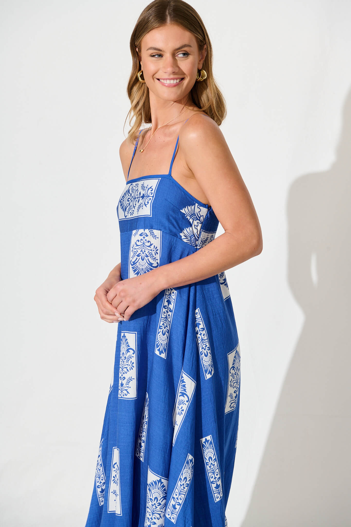 Hanalei Midi Sundress in Blue with White Print