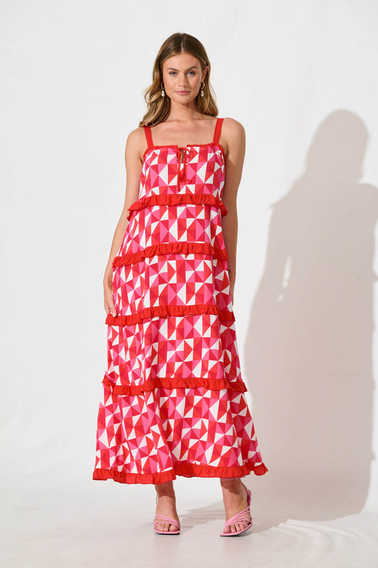 Cardelle Maxi Sundress In Pink and Red Geometric