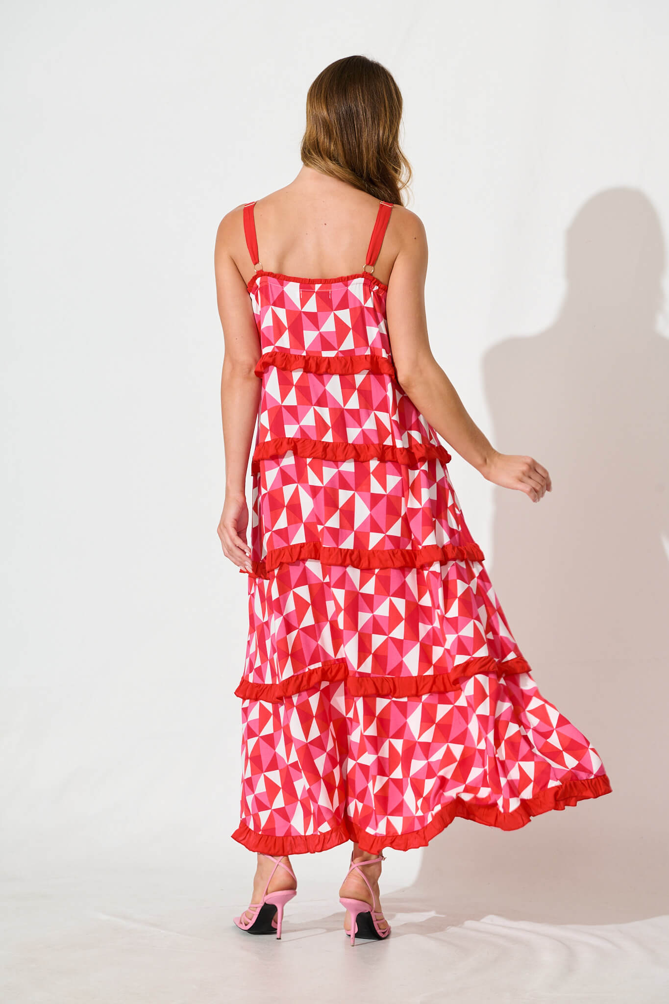 Cardelle Maxi Sundress In Pink and Red Geometric