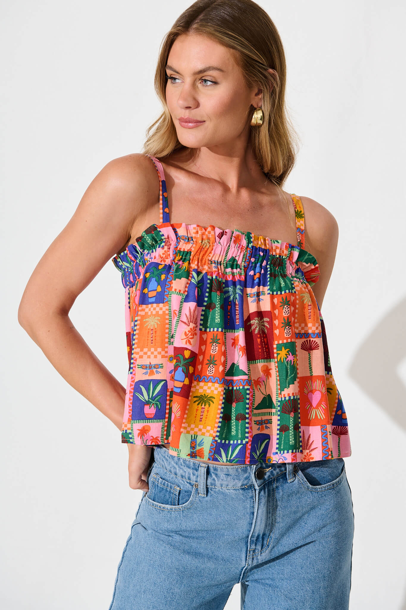 Danella Cami Top In Bright Multi Palm Linen Blend