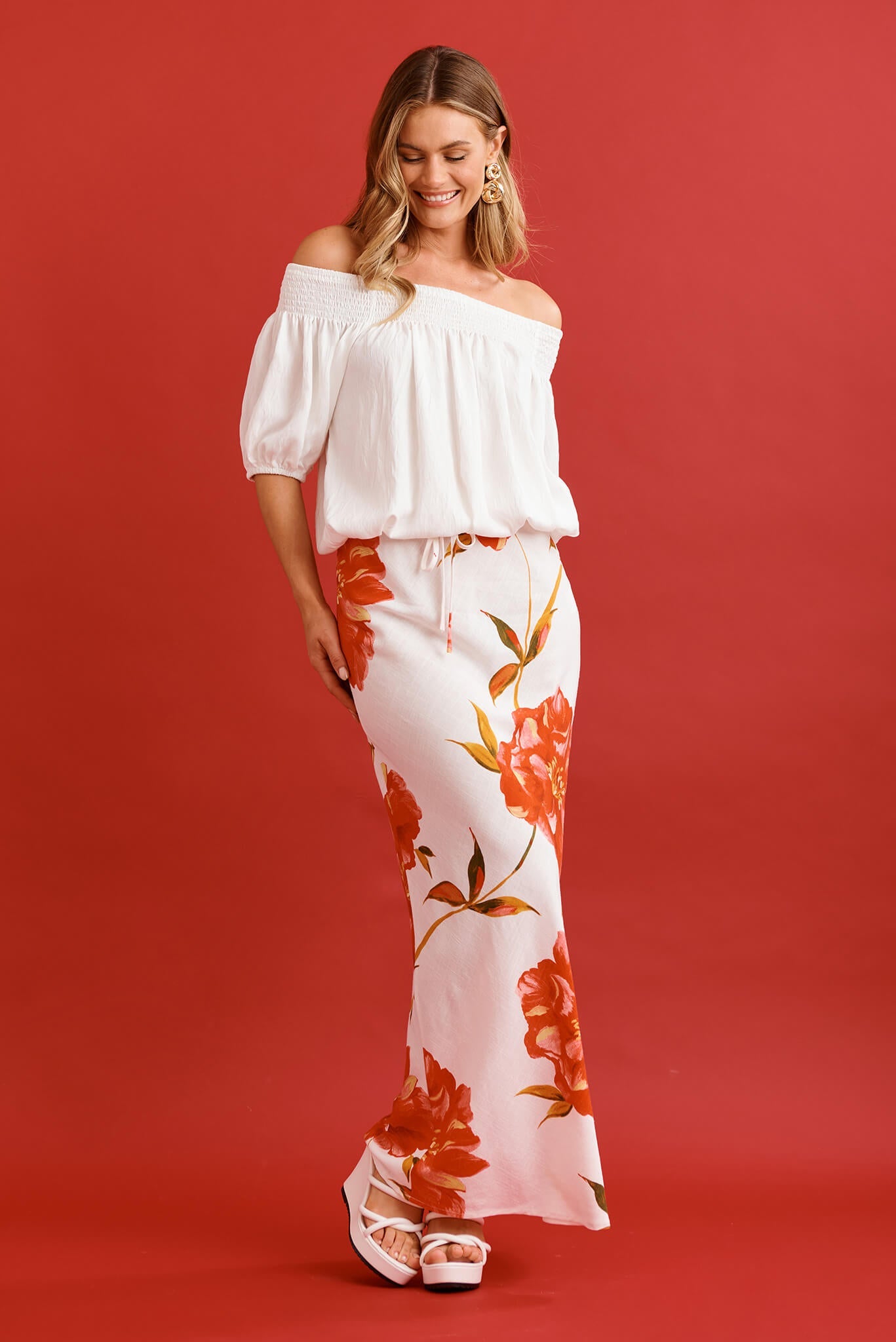 Tamina Maxi Skirt in White With Red Flower Linen Blend
