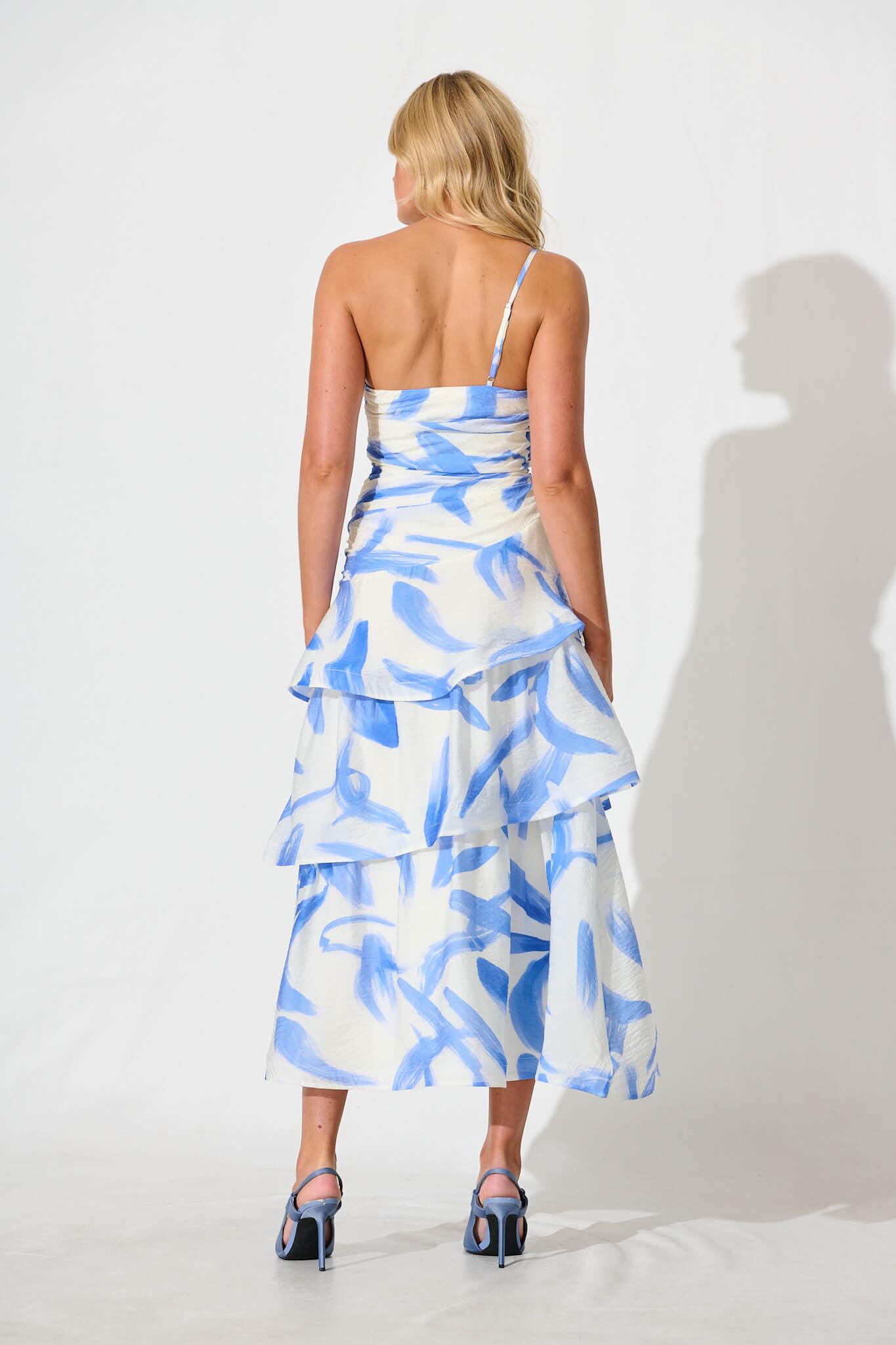 Lena One Shoulder Maxi Dress in White with Blue Organza