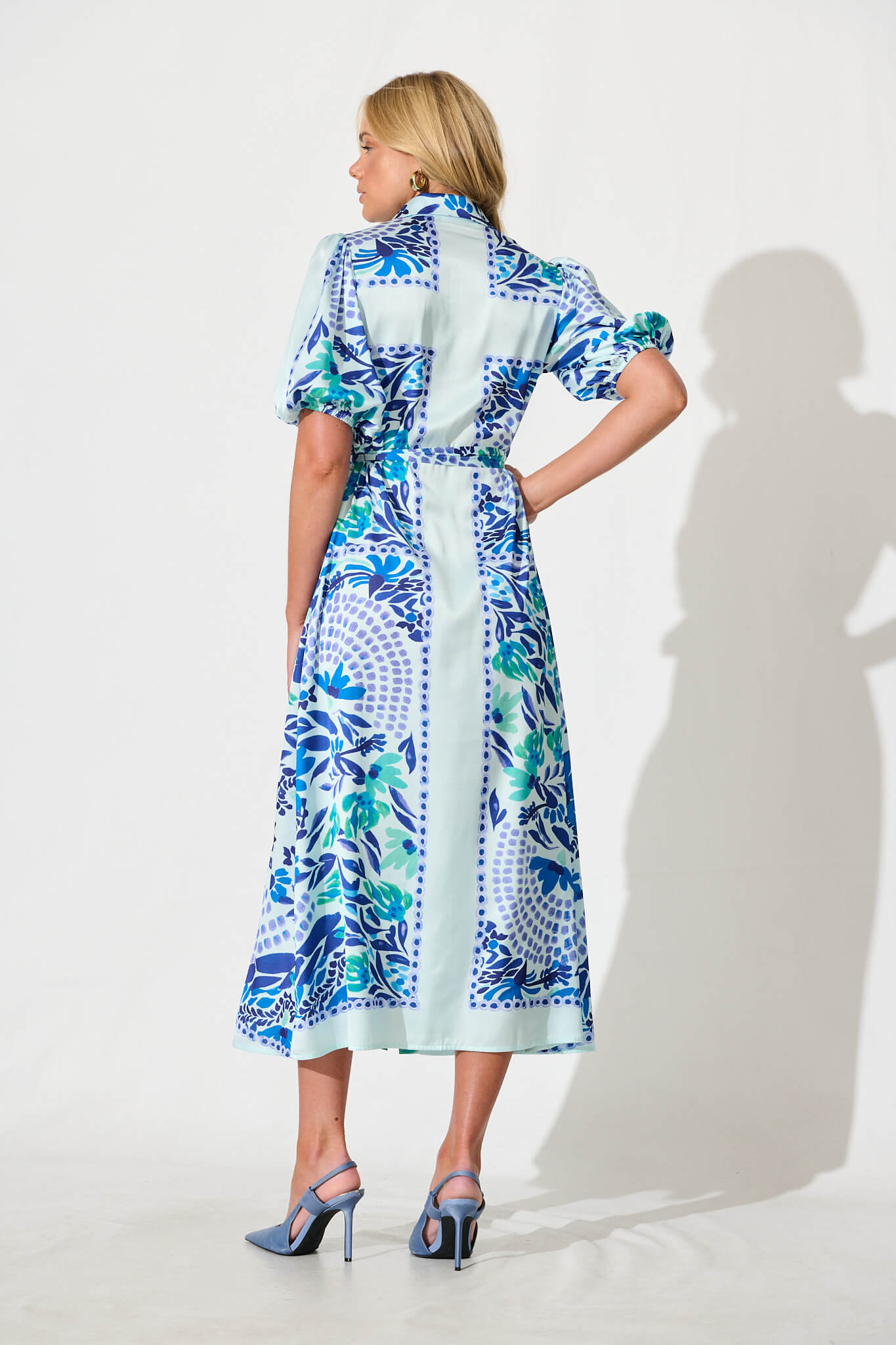 Gabriela Maxi Shirt Dress In Aqua with Blue Print Satin