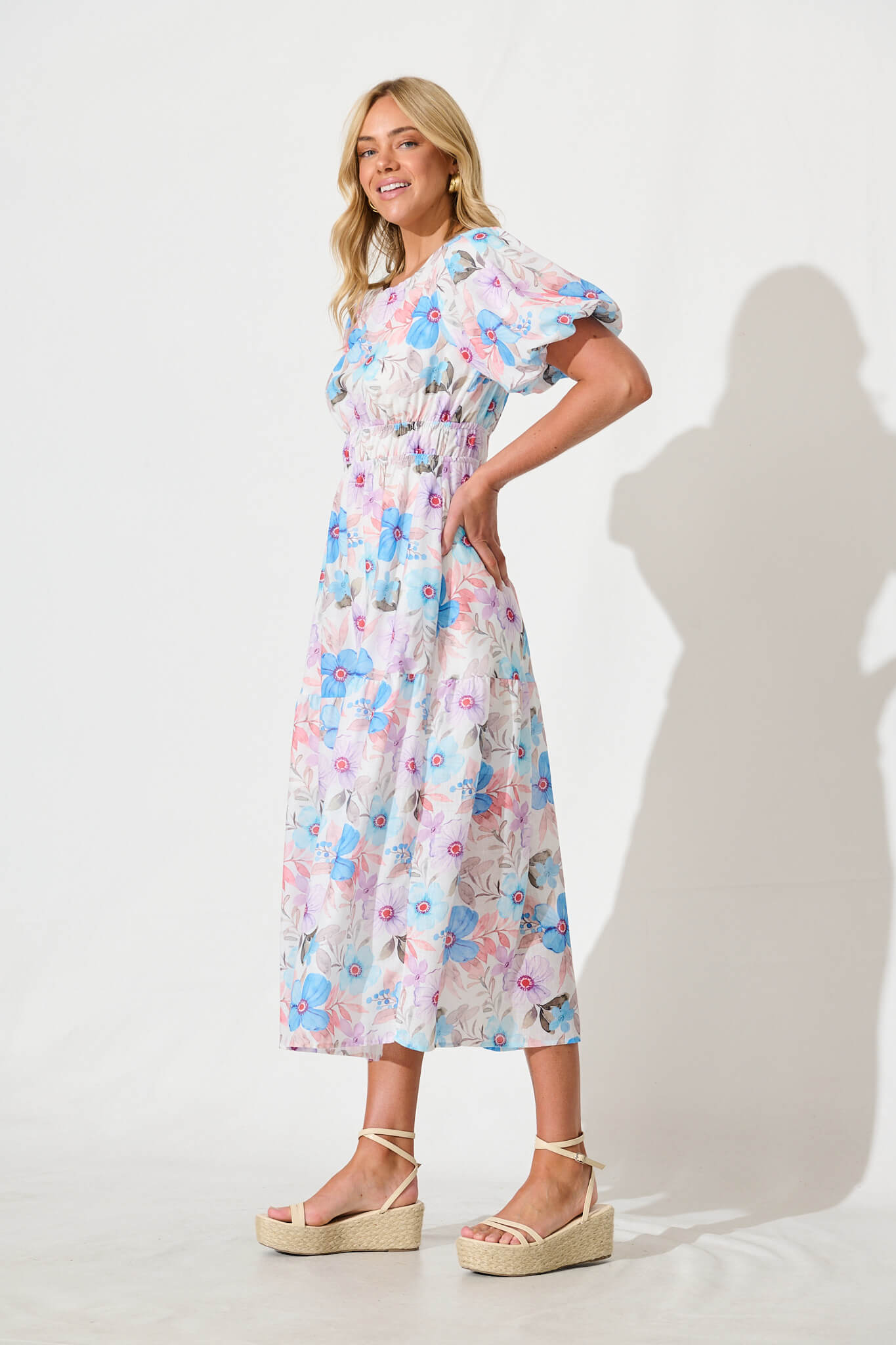 Stargazer Midi Dress in Multi Blue Floral Cotton Blend