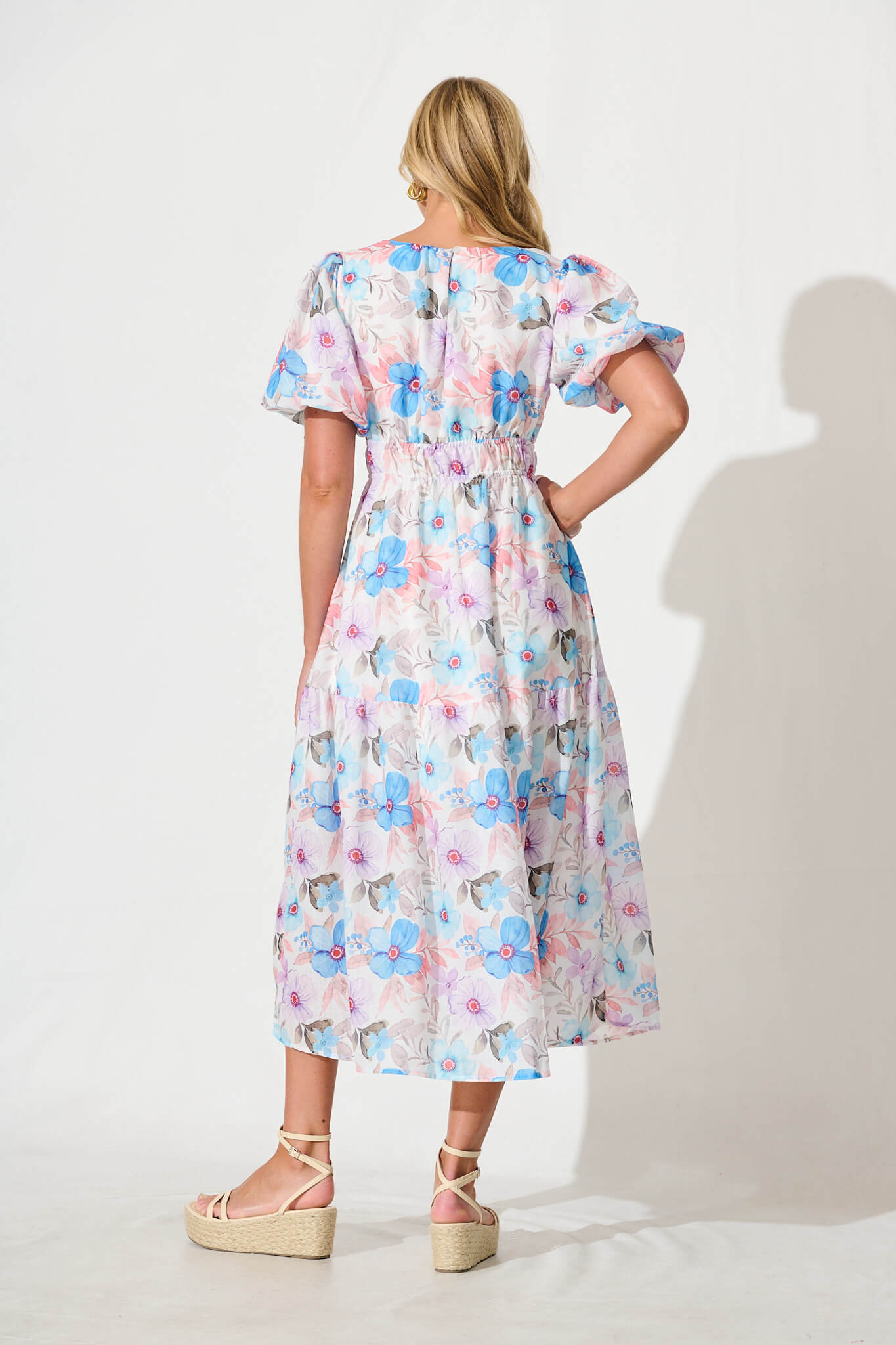 Stargazer Midi Dress in Multi Blue Floral Cotton Blend