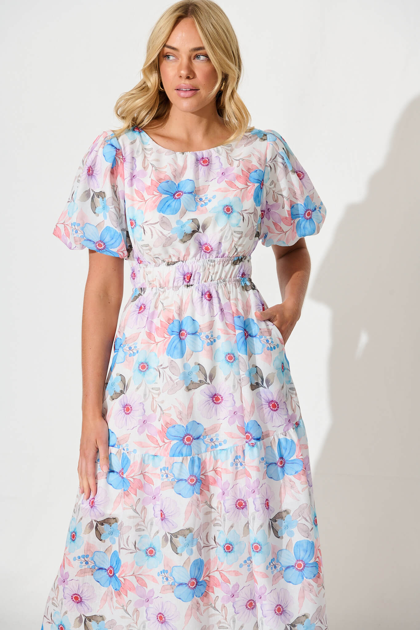 Stargazer Midi Dress in Multi Blue Floral Cotton Blend