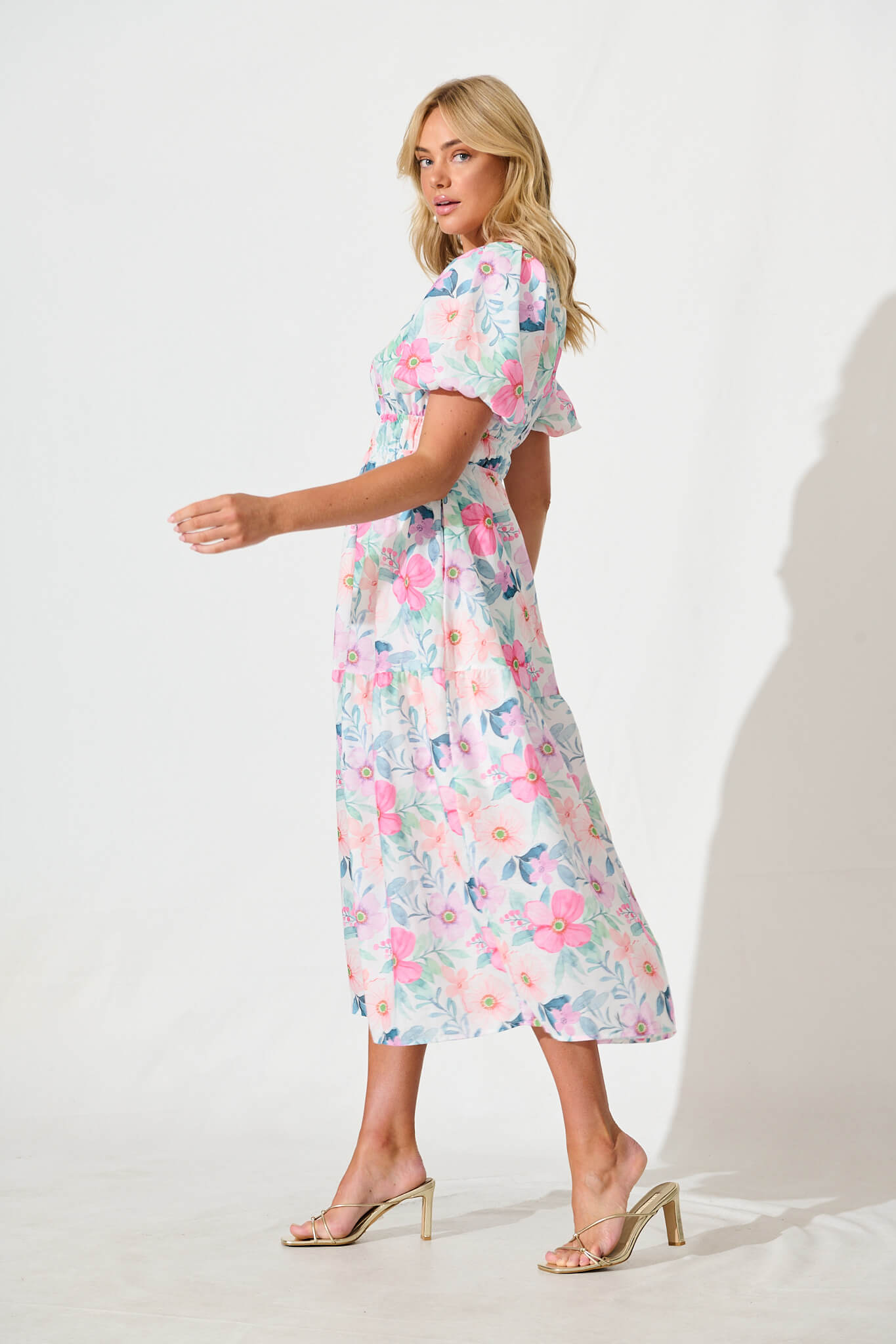 Stargazer Midi Dress in Multi Pink Floral Cotton Blend