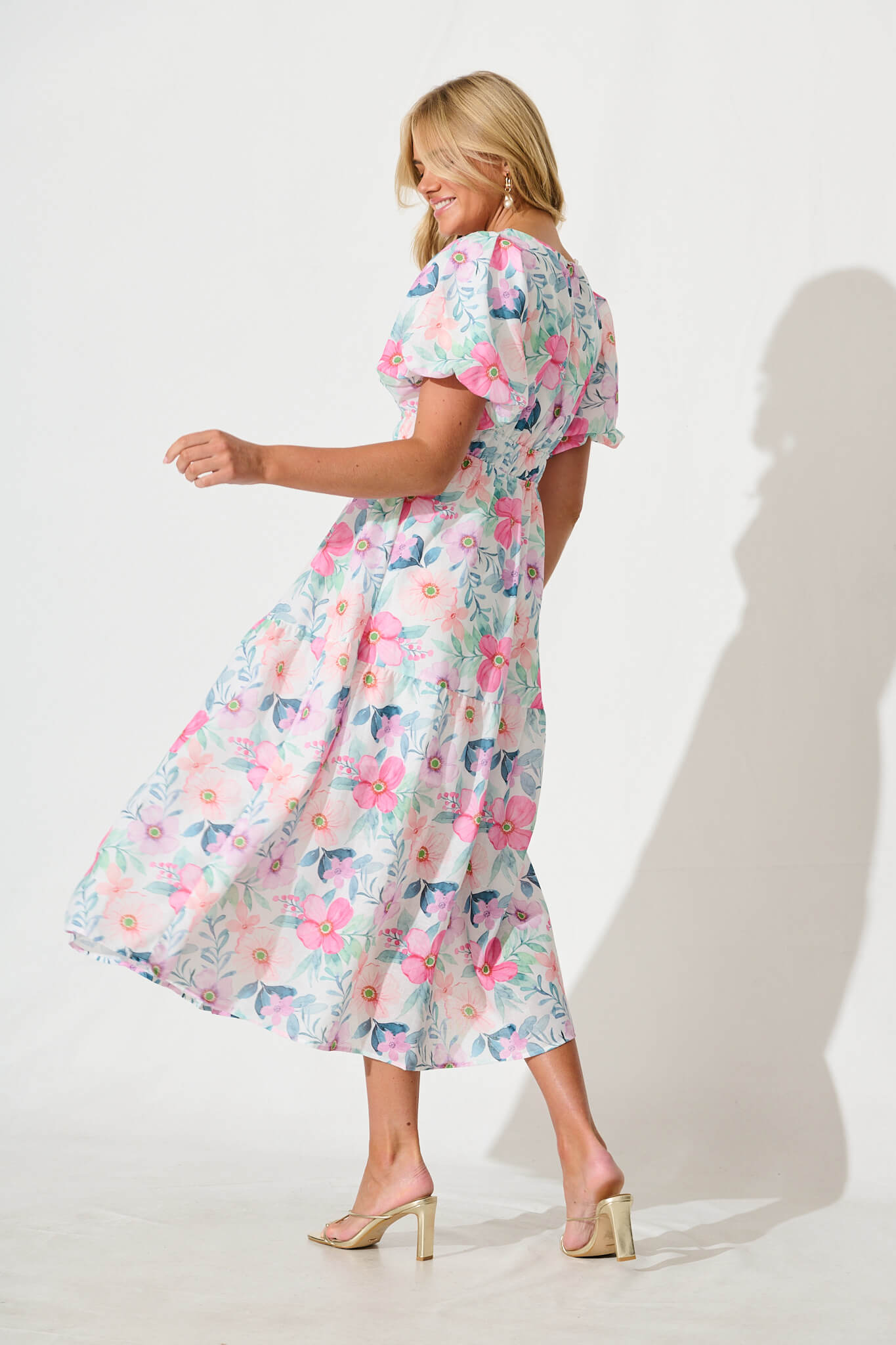 Stargazer Midi Dress in Multi Pink Floral Cotton Blend