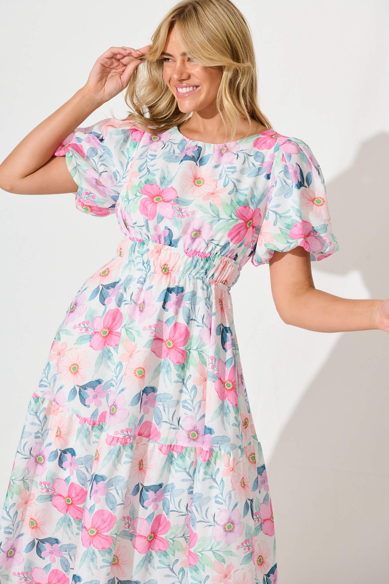 Stargazer Midi Dress in Multi Pink Floral Cotton Blend