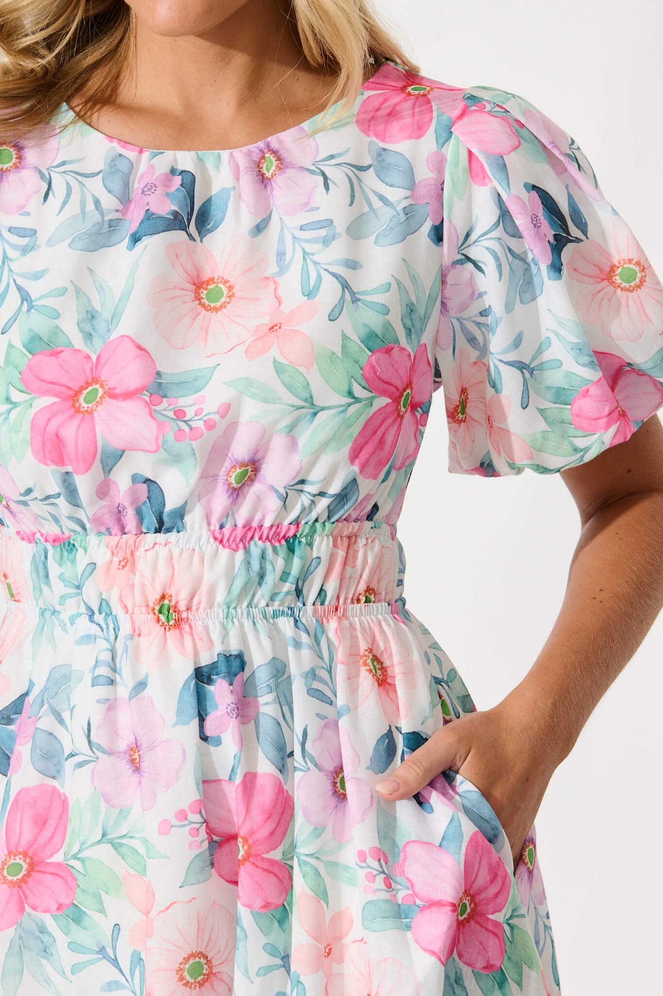 Stargazer Midi Dress in Multi Pink Floral Cotton Blend