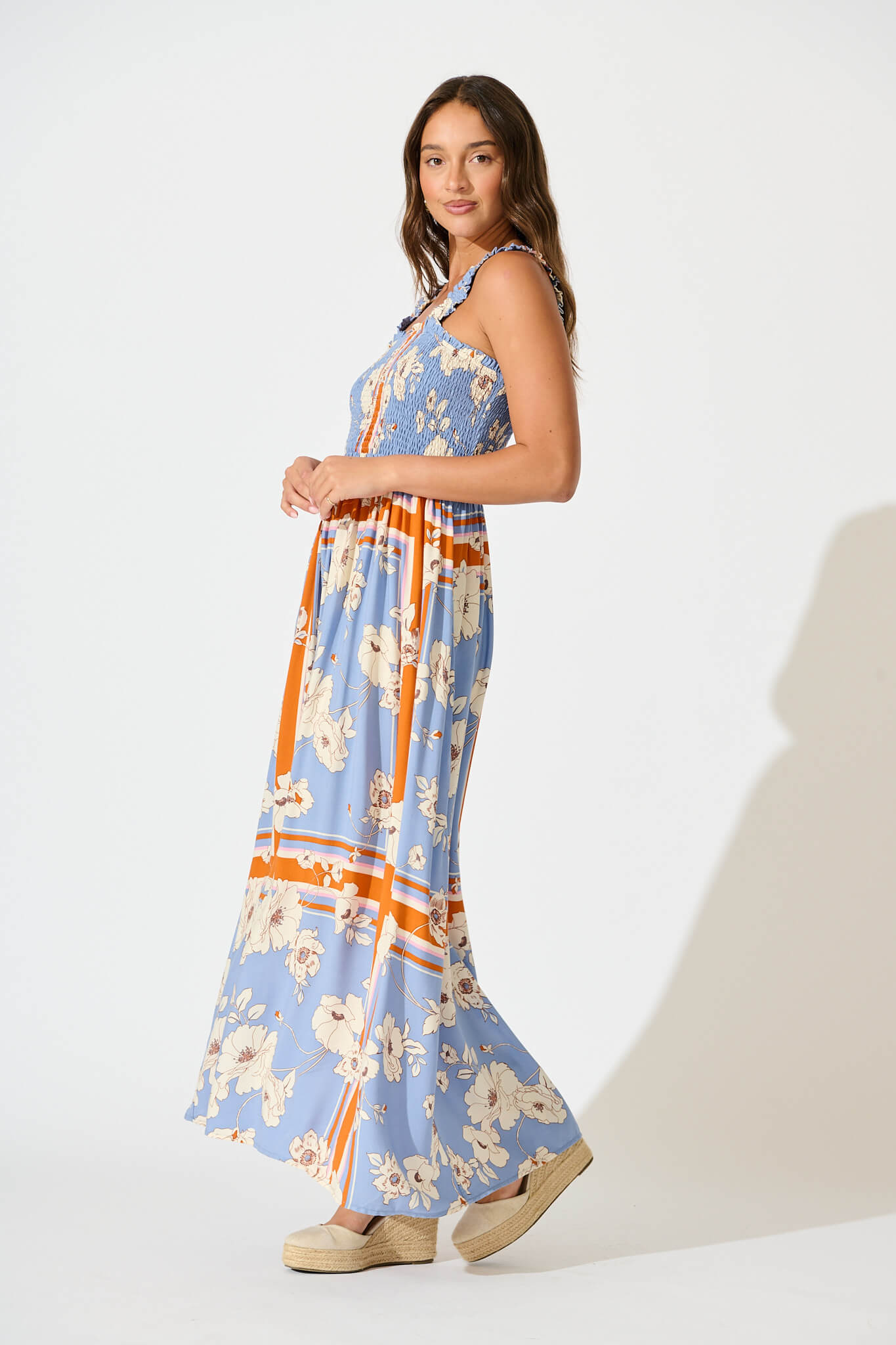 Evanston Maxi Dress In Blue with Cream Flower