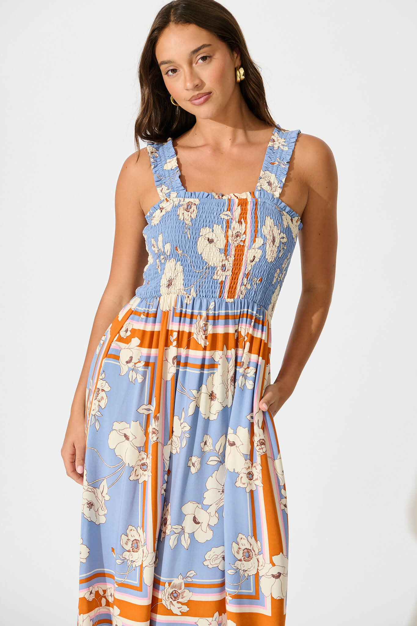Evanston Maxi Dress In Blue with Cream Flower
