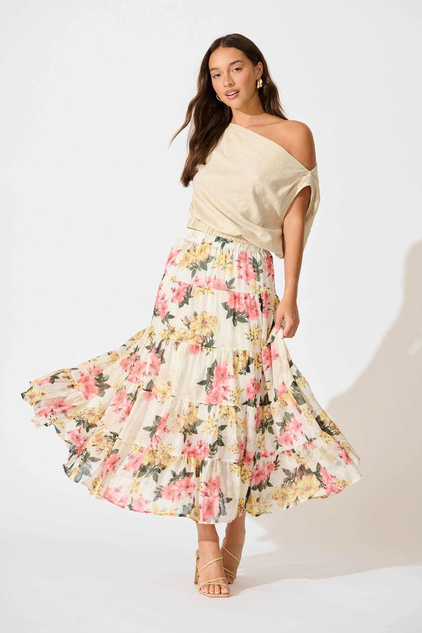 Mellieha Maxi Skirt in Cream Multi Floral Chiffon