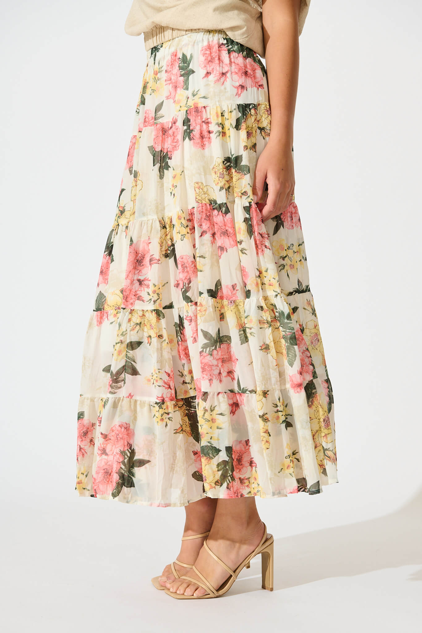 Mellieha Maxi Skirt in Cream Multi Floral Chiffon