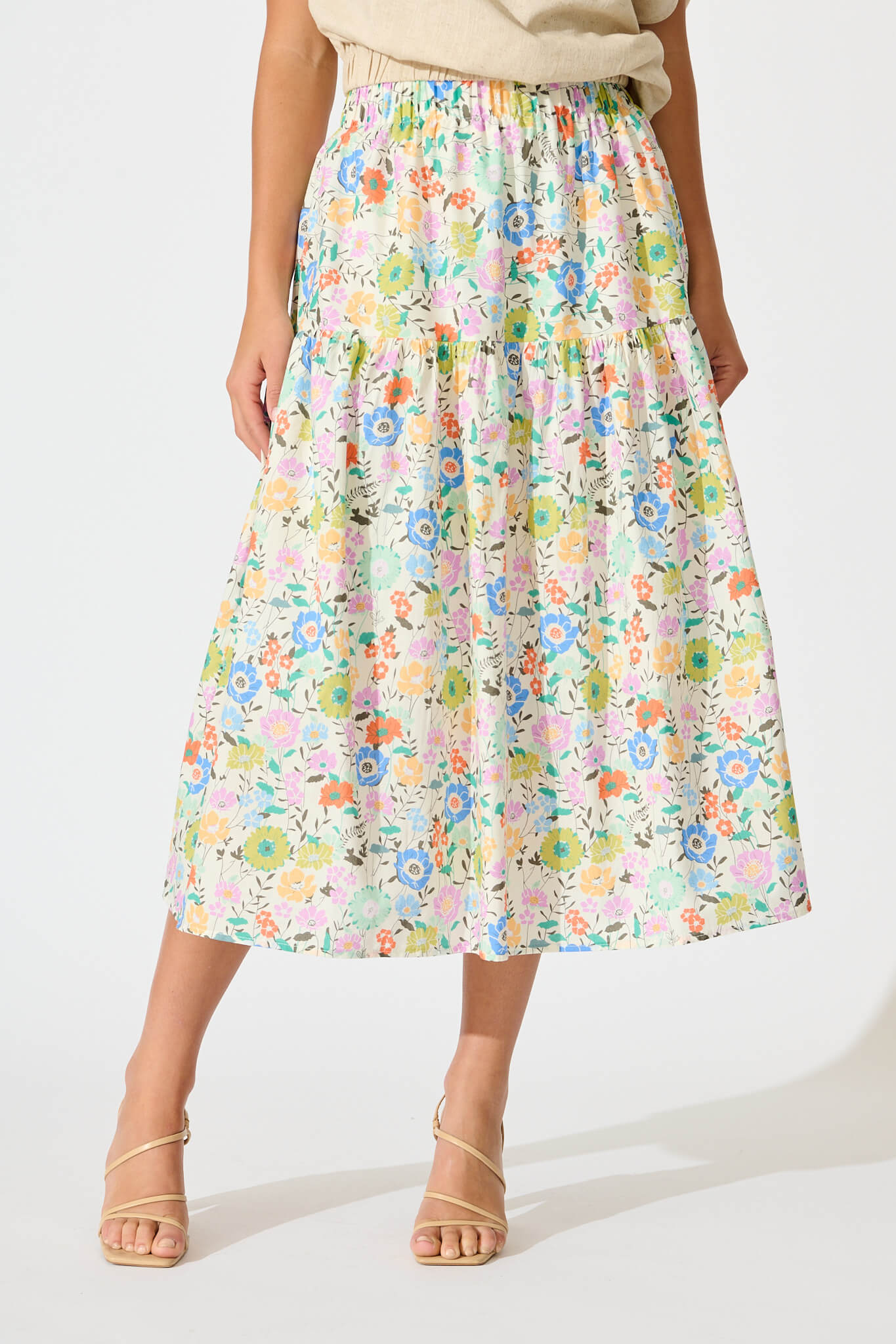 Finola Midi Skirt in White Multi Floral Print Cotton