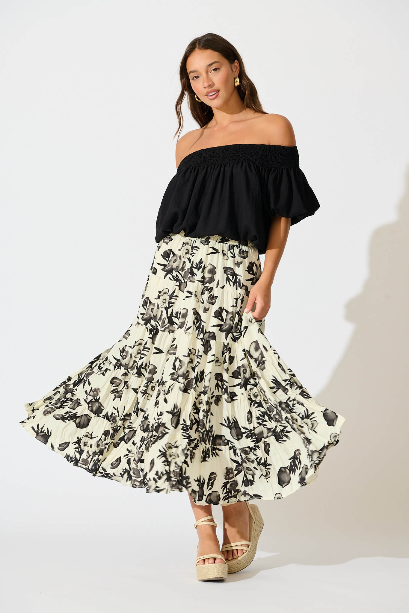 Tinisie Midi Skirt in Cream with Black Floral Chiffon